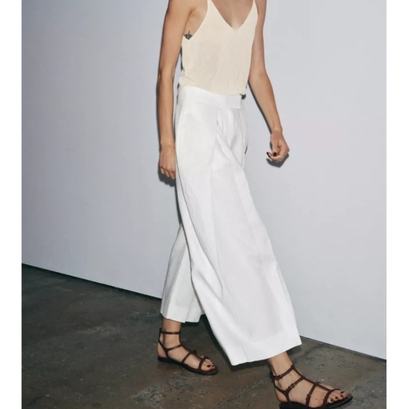 Zara Zw Collec 100% Linen High-rise Wide Leg Pleated Volume Cropped Pants - Picture 5 of 11